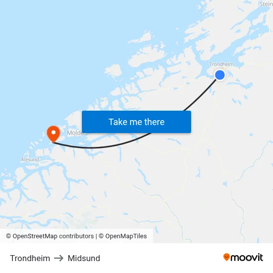 Trondheim to Midsund map