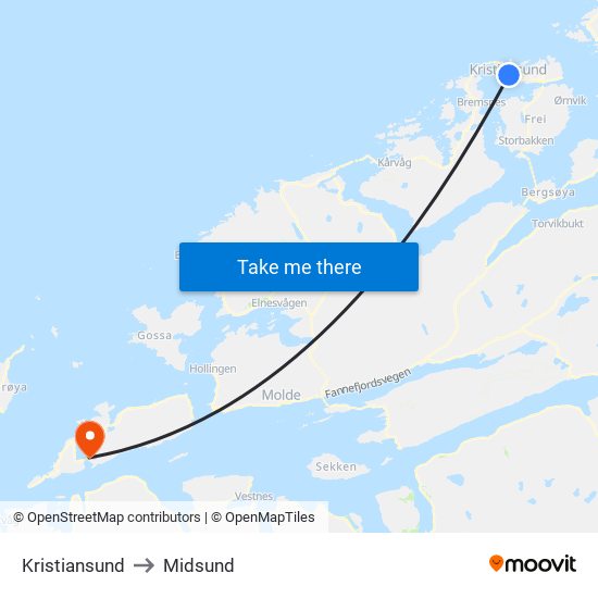 Kristiansund to Midsund map