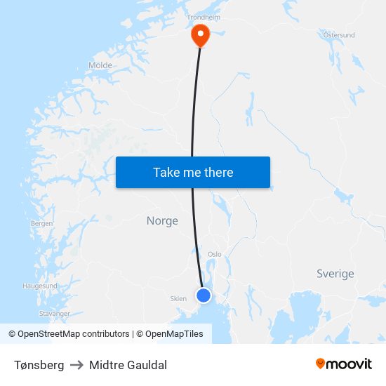 Tønsberg to Midtre Gauldal map