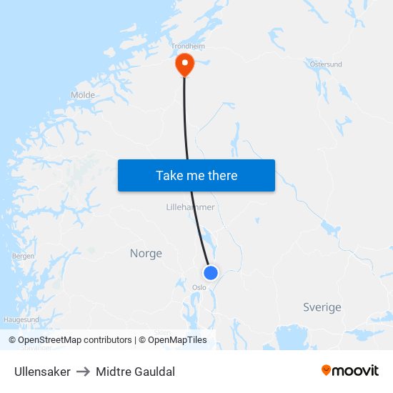 Ullensaker to Midtre Gauldal map