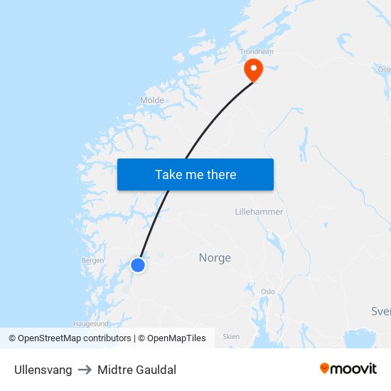 Ullensvang to Midtre Gauldal map