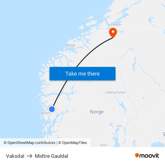 Vaksdal to Midtre Gauldal map