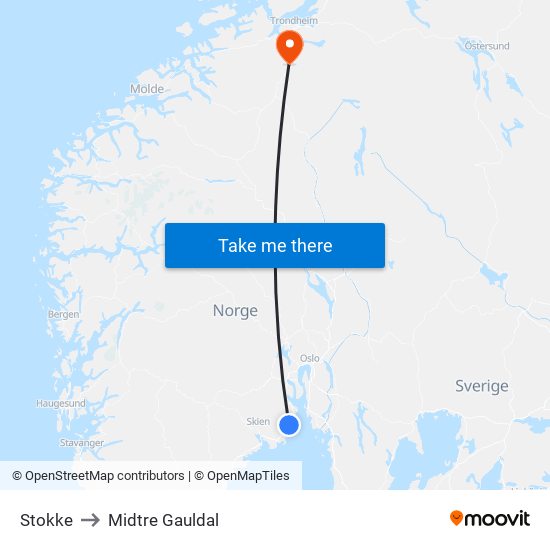 Stokke to Midtre Gauldal map