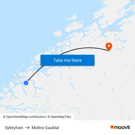 Sykkylven to Midtre Gauldal map