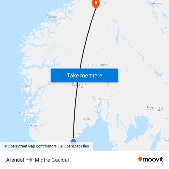 Arendal to Midtre Gauldal map