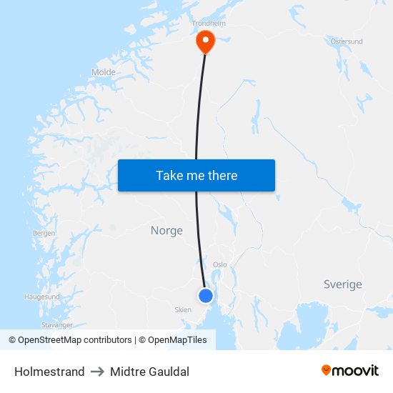 Holmestrand to Midtre Gauldal map