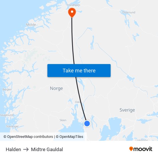 Halden to Midtre Gauldal map