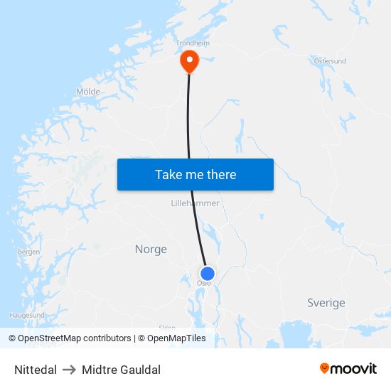 Nittedal to Midtre Gauldal map