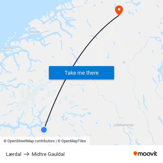 Lærdal to Midtre Gauldal map