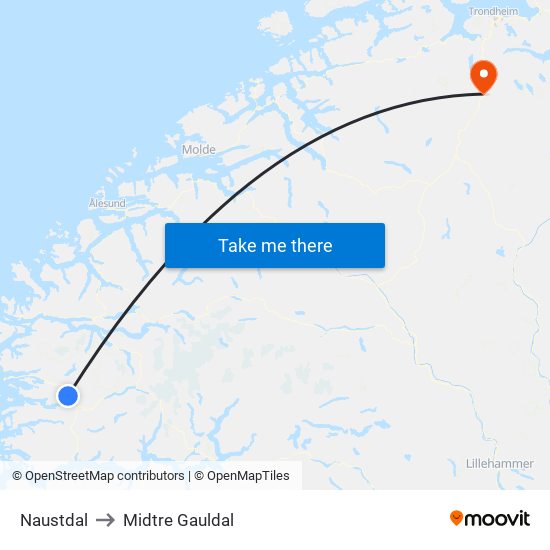 Naustdal to Midtre Gauldal map