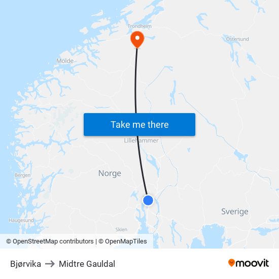 Bjørvika to Midtre Gauldal map