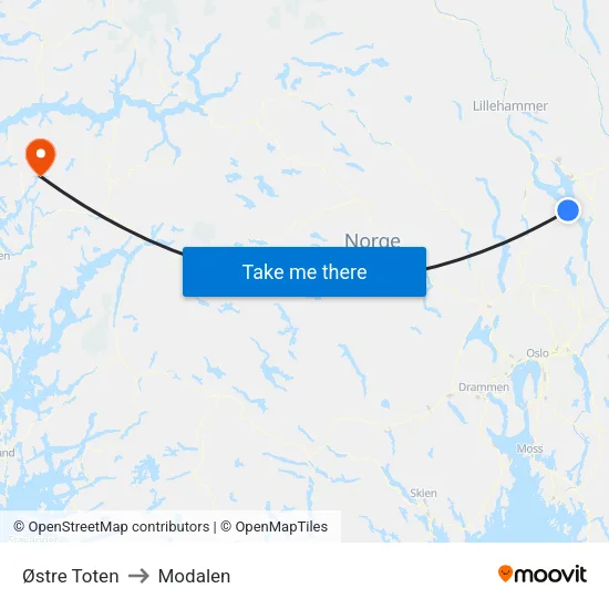 Østre Toten to Modalen map