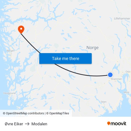 Øvre Eiker to Modalen map