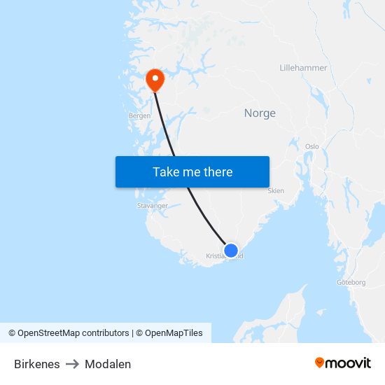 Birkenes to Modalen map