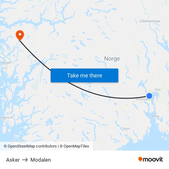 Asker to Modalen map