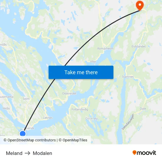 Meland to Modalen map
