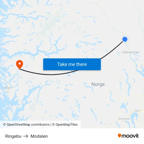 Ringebu to Modalen map