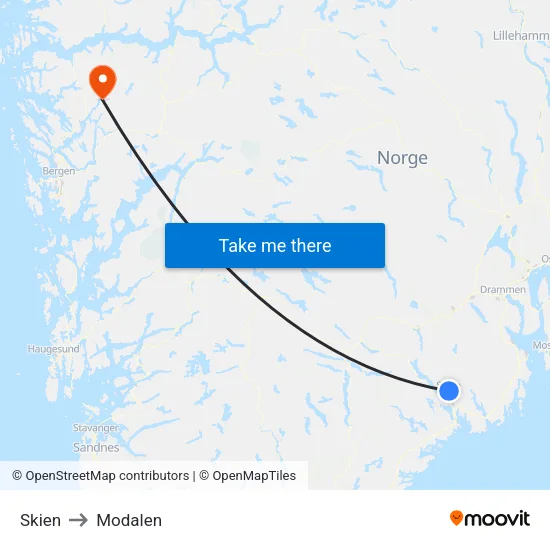 Skien to Modalen map