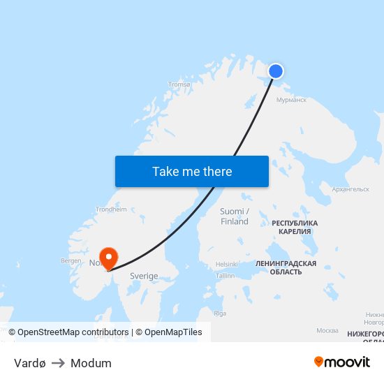 Vardø to Modum map