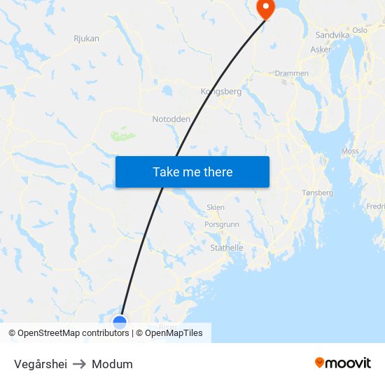 Vegårshei to Modum map