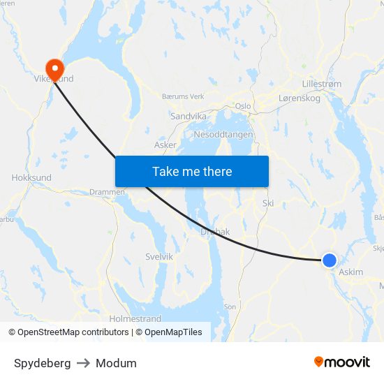 Spydeberg to Modum map