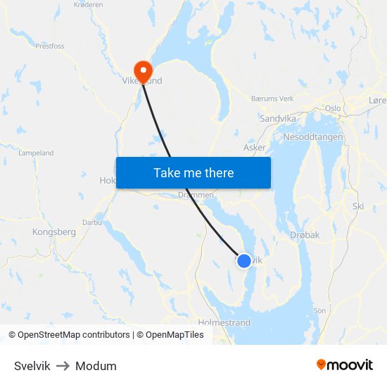 Svelvik to Modum map