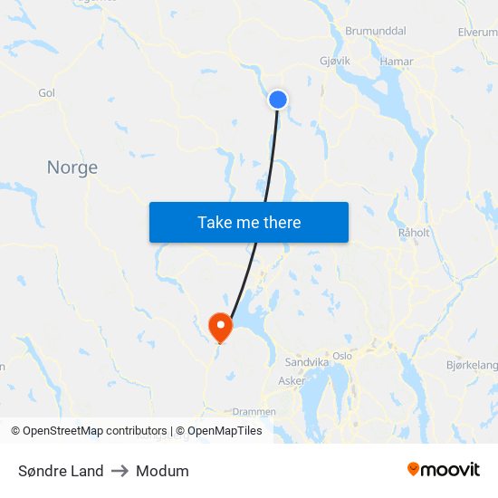 Søndre Land to Modum map