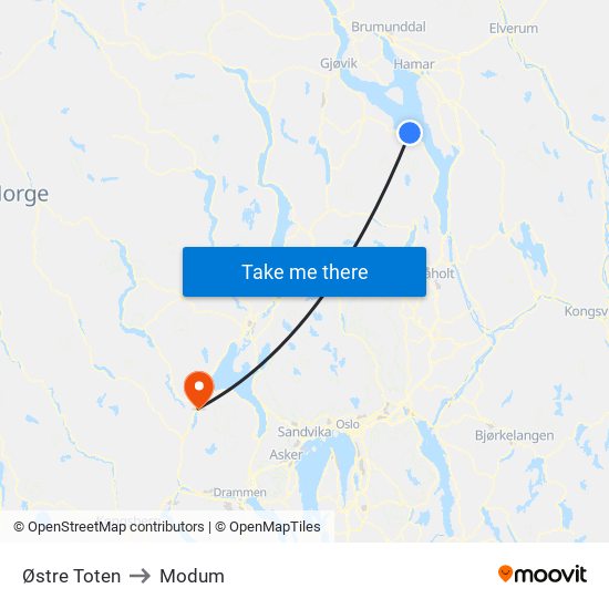 Østre Toten to Modum map