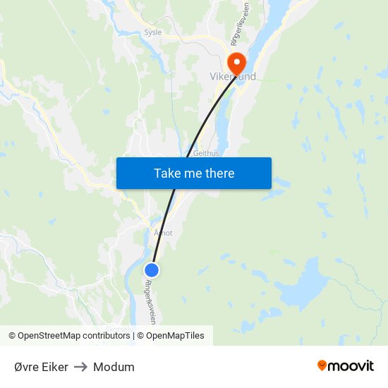 Øvre Eiker to Modum map