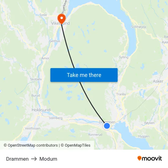 Drammen to Modum map