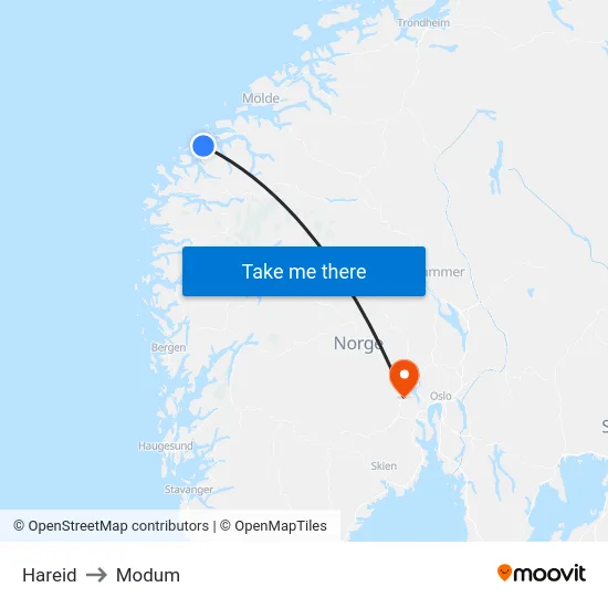Hareid to Modum map