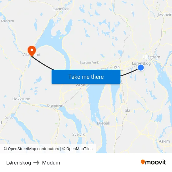 Lørenskog to Modum map