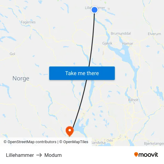 Lillehammer to Modum map