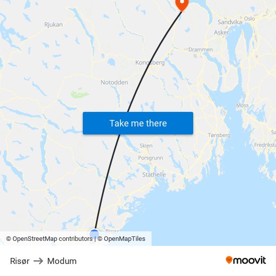 Risør to Modum map