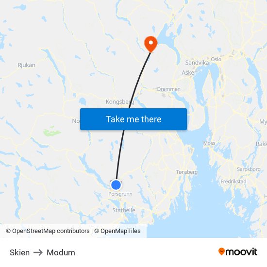 Skien to Modum map