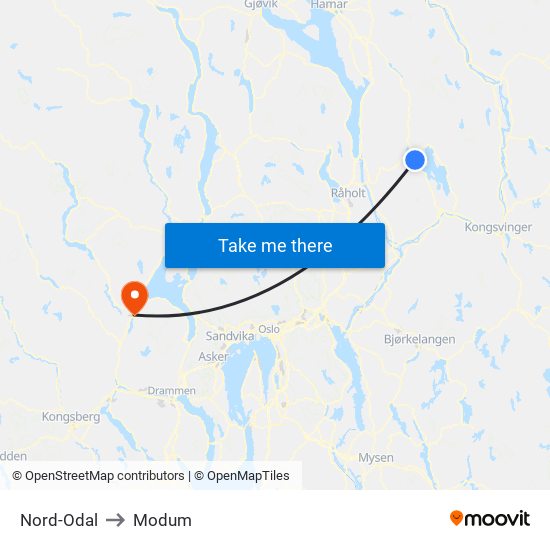 Nord-Odal to Modum map