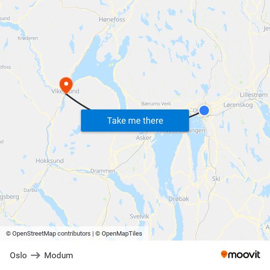 Oslo to Modum map