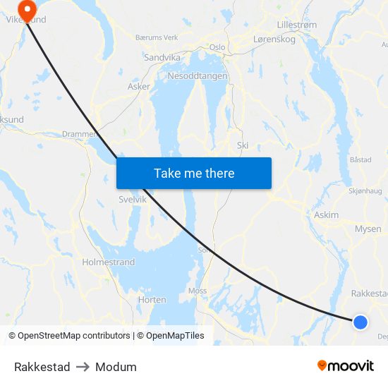 Rakkestad to Modum map