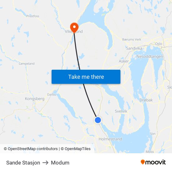 Sande Stasjon to Modum map