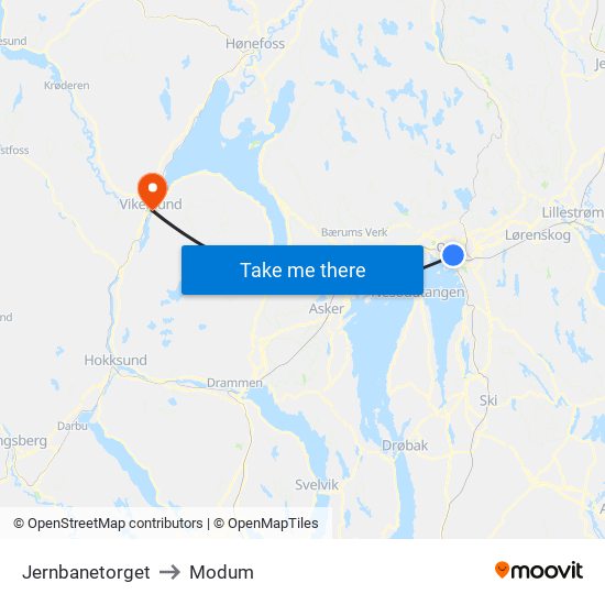 Jernbanetorget to Modum map