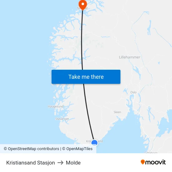 Kristiansand Stasjon to Molde map
