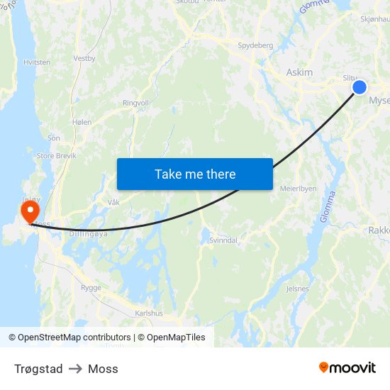 Trøgstad to Moss map