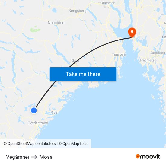 Vegårshei to Moss map