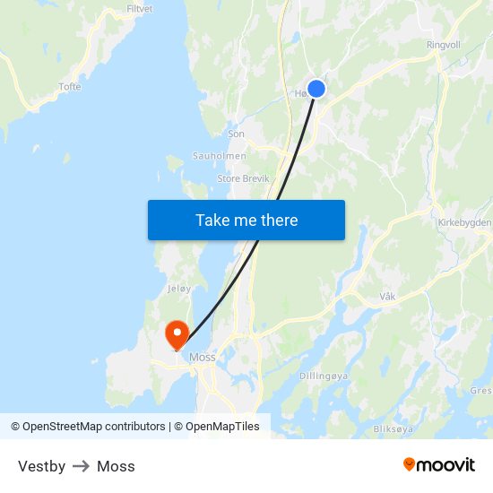 Vestby to Moss map