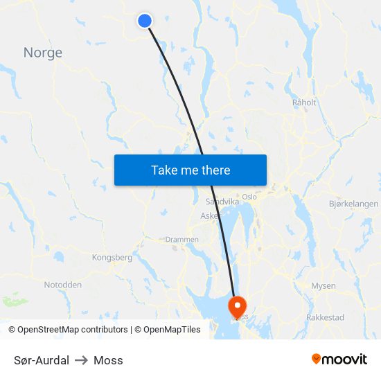 Sør-Aurdal to Moss map