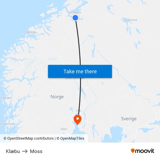 Klæbu to Moss map