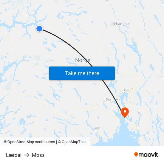 Lærdal to Moss map