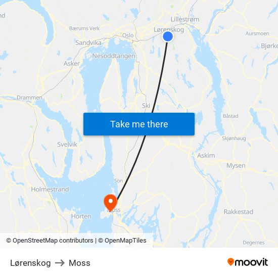 Lørenskog to Moss map