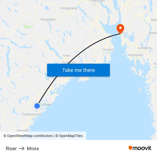 Risør to Moss map