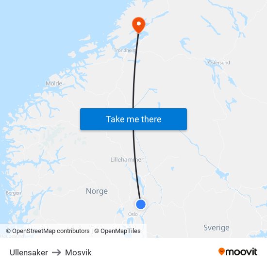 Ullensaker to Mosvik map